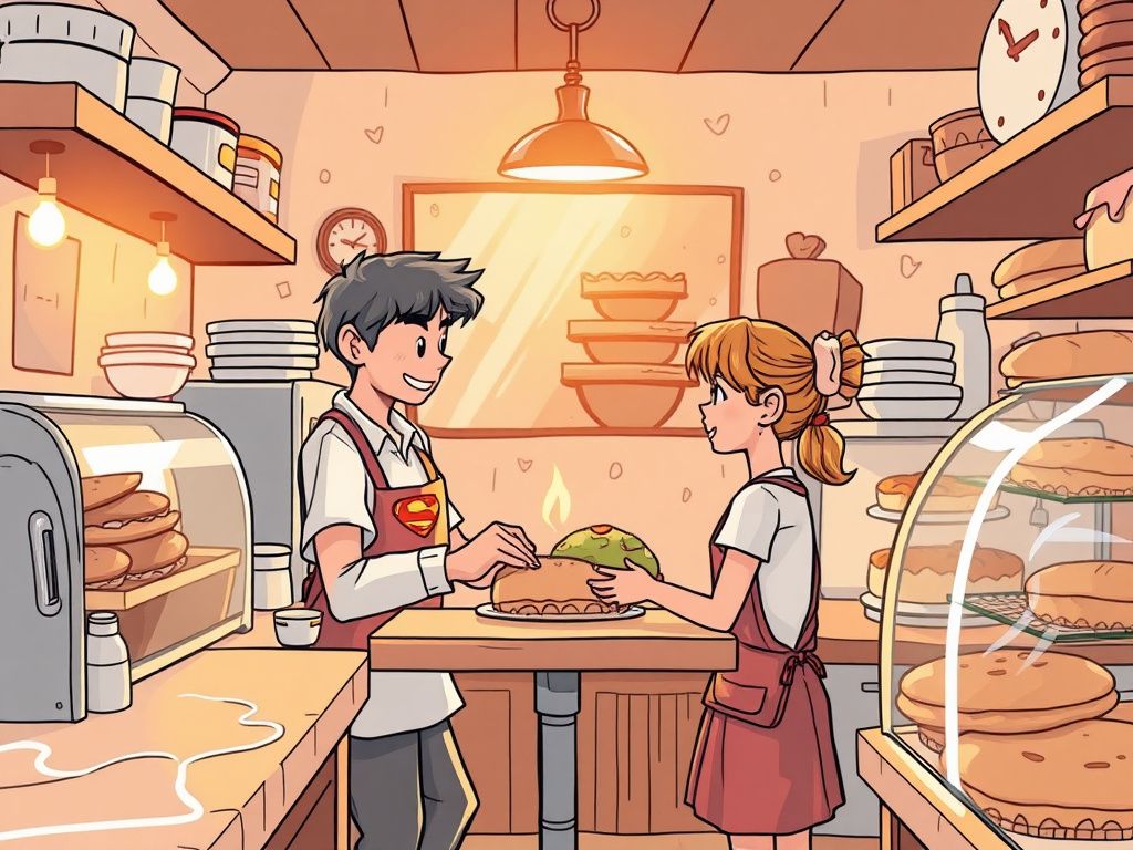 Warm slice of life comic cover in a small bakery