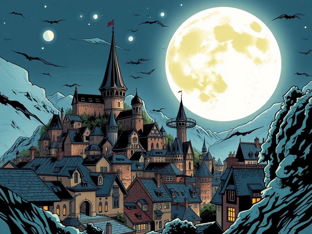 Classic fantasy comic cover with a moonlit city